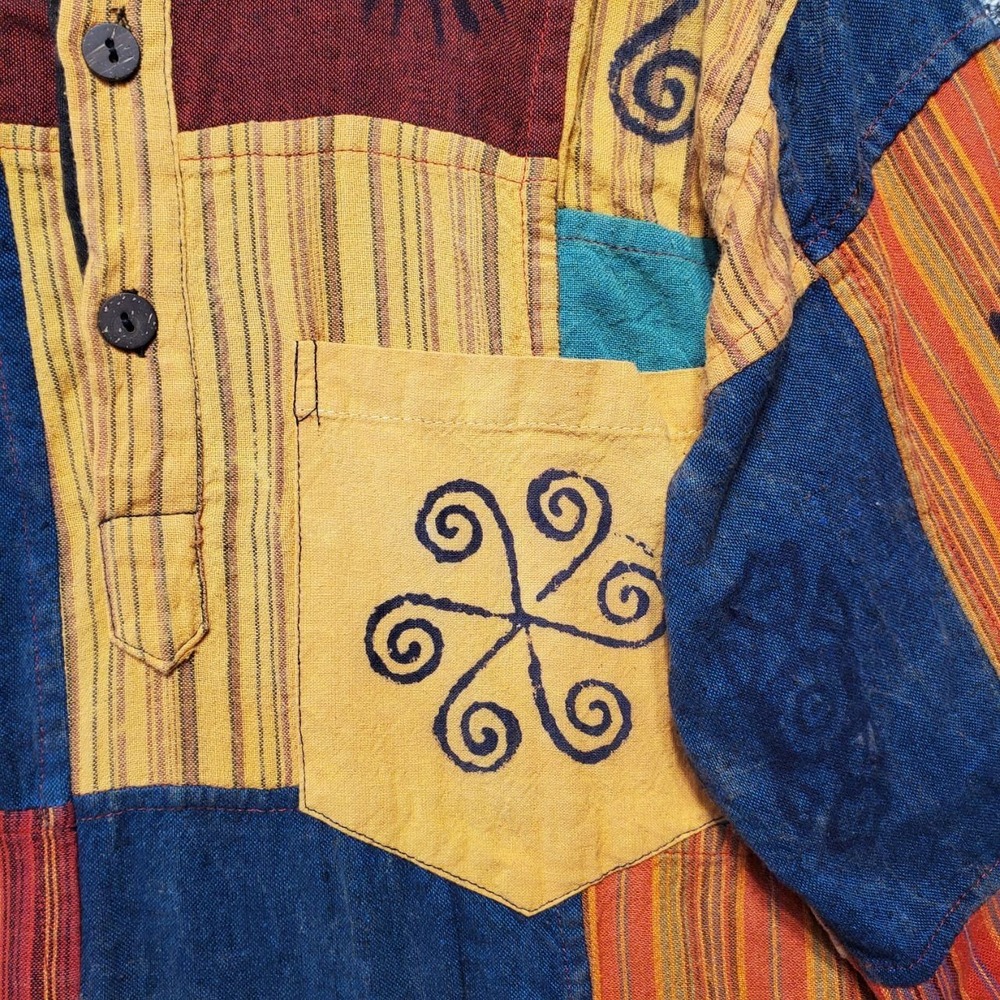 Handmade Nepalese Patchwork Block Print Tunic‎ Shirt Mens Large Blue Orange Boho - Picture 5 of 12
